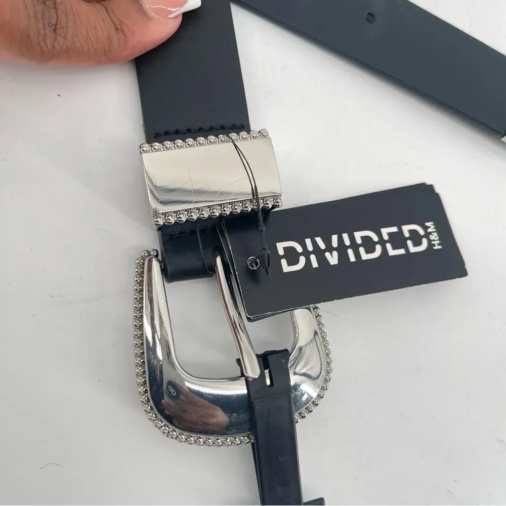 H&M Divided Black Faux Leather Studded Rhinestone Belt Western NWT Y2K